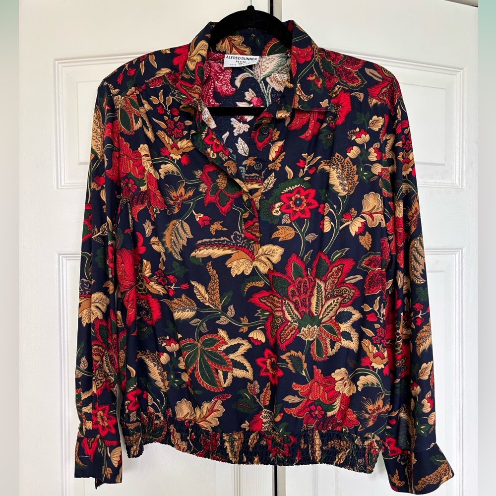 Vintage Alfred Dunner Navy, Green Gold and Red Floral Shirt